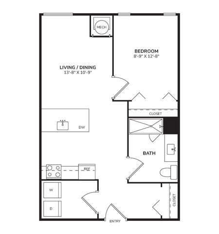 Floor plan for 1 bed, 1 bath, 653 sqft